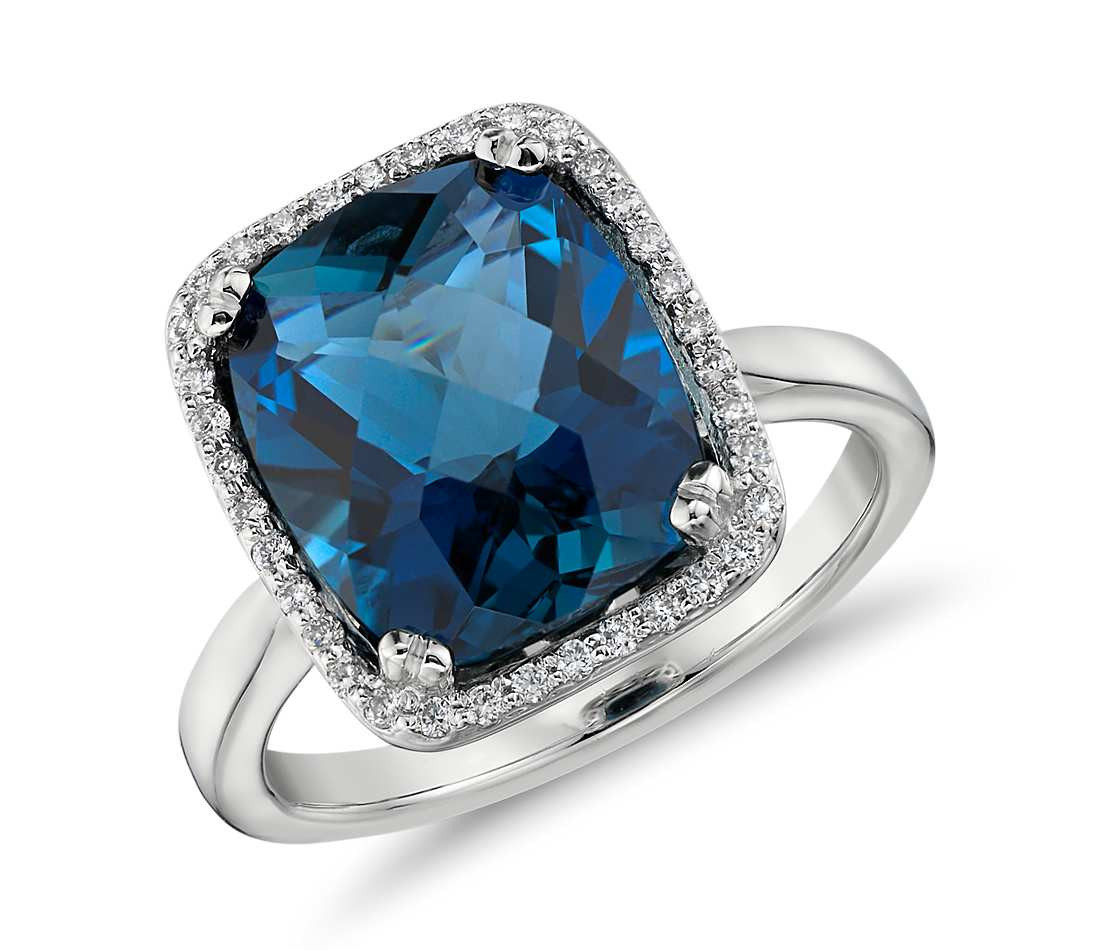 Blue Diamonds Rings
 London Blue Topaz and Diamond Halo Cushion Cut Ring in 14k