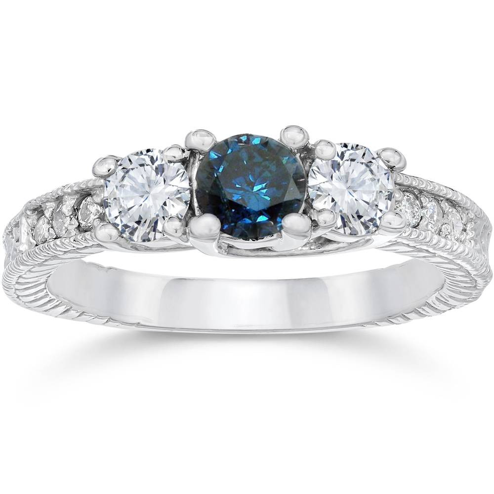 Blue Diamonds Rings
 1ct Vintage Treated Blue Diamond 3 Stone Engagement Ring