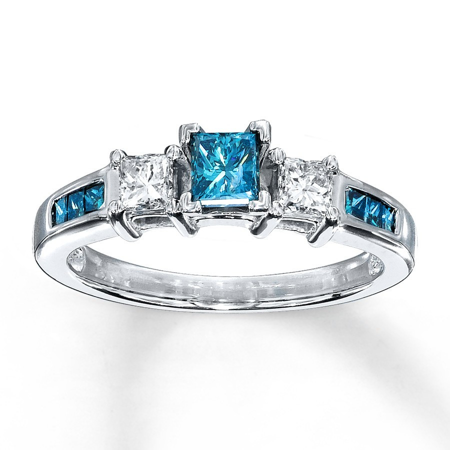 Blue Diamonds Rings
 Princess cut Blue Sapphire and Diamond Engagement Ring in