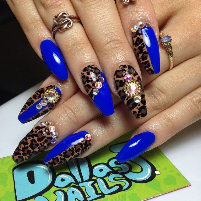Blue Nail Designs With Rhinestones
 Leopard and royal blue rhinestone long nails