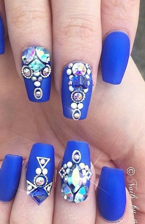 Blue Nail Designs With Rhinestones
 Royal blue matte rhinestone nails Nails