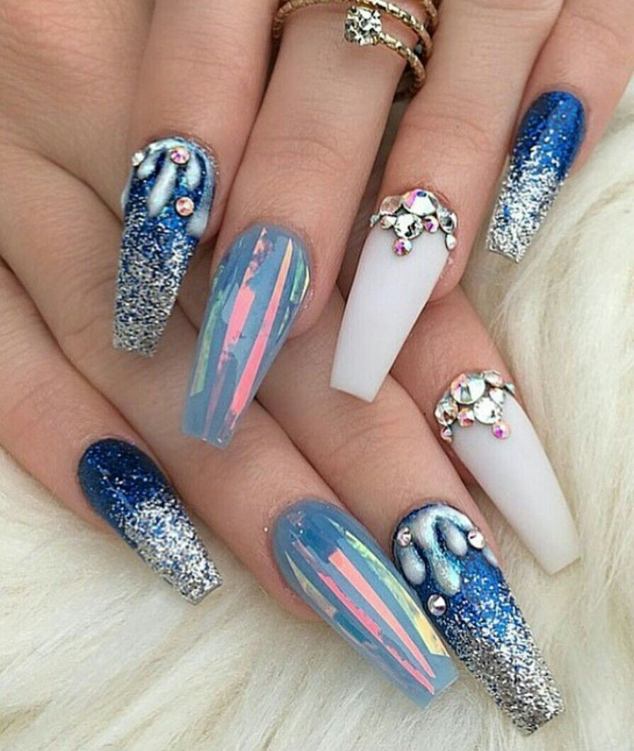 Blue Nail Designs With Rhinestones
 Shades of blue nail art design on coffin nails with