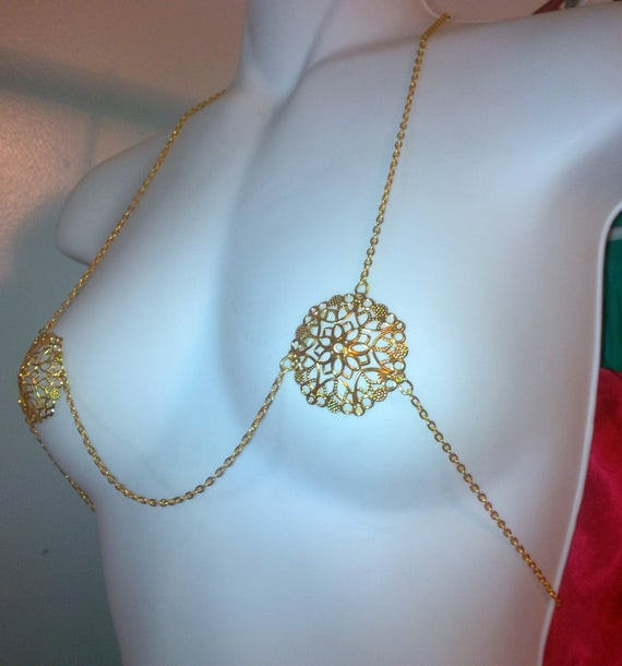Body Jewelry Fantasy
 Gold Metal Pasties Chain Filigree Bikini by PandorasClosetbyAJ