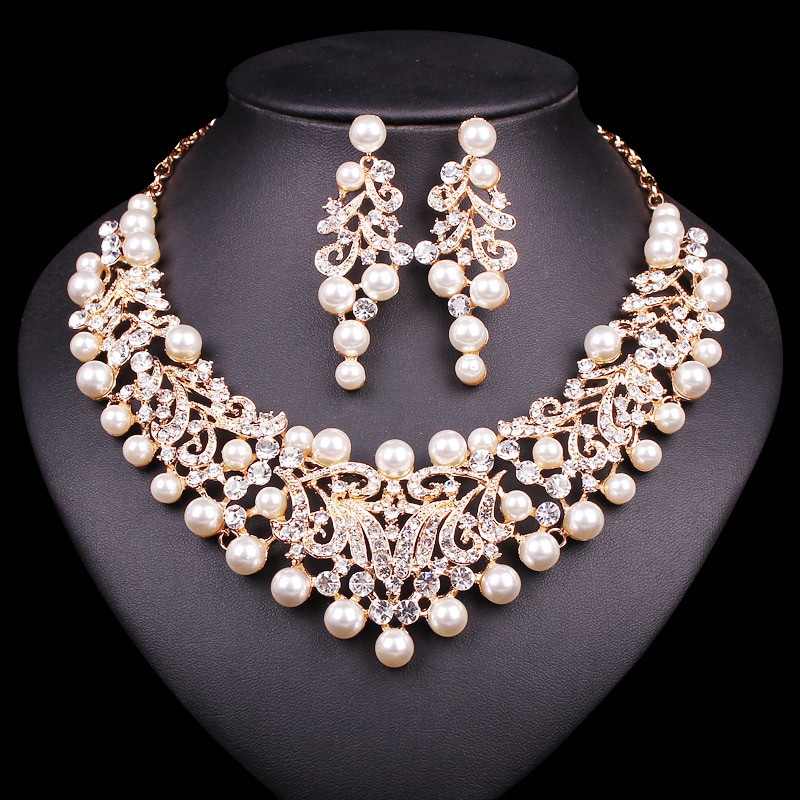 Bridal Party Jewelry Sets
 Gold Color Imitation Pearl Wedding Necklace Earrings Sets