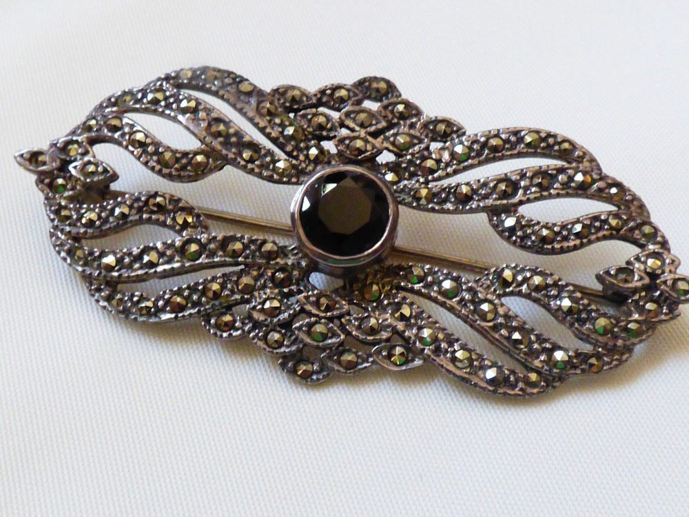 Brooches Art
 ACPS Art Deco Style Sterling Silver Marcasite Black yx
