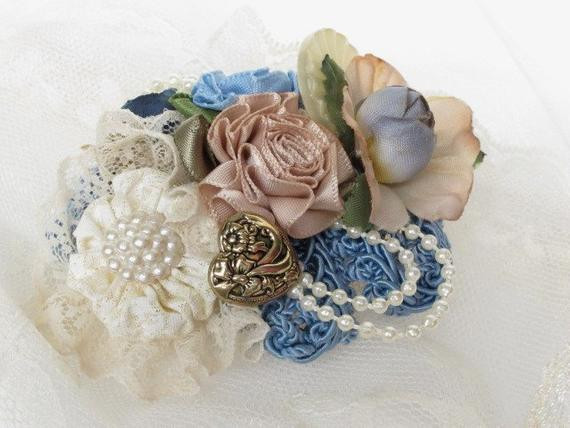 Brooches Hand Made
 SALE Blue Flowers Brooch Victorian Style Pin Handmade Pearl