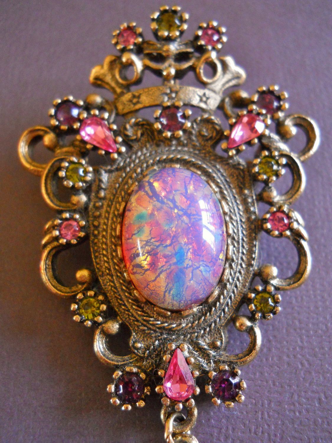 Brooches Vintage
 Vintage Sarah Coventry Brooch Pendant Fire Opal Rhinestones