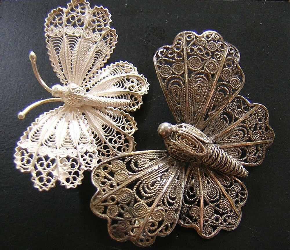 Brooches Vintage
 2 BEAUTIFUL ANTIQUE & VINTAGE SILVER FILIGREE BUTTERFLY