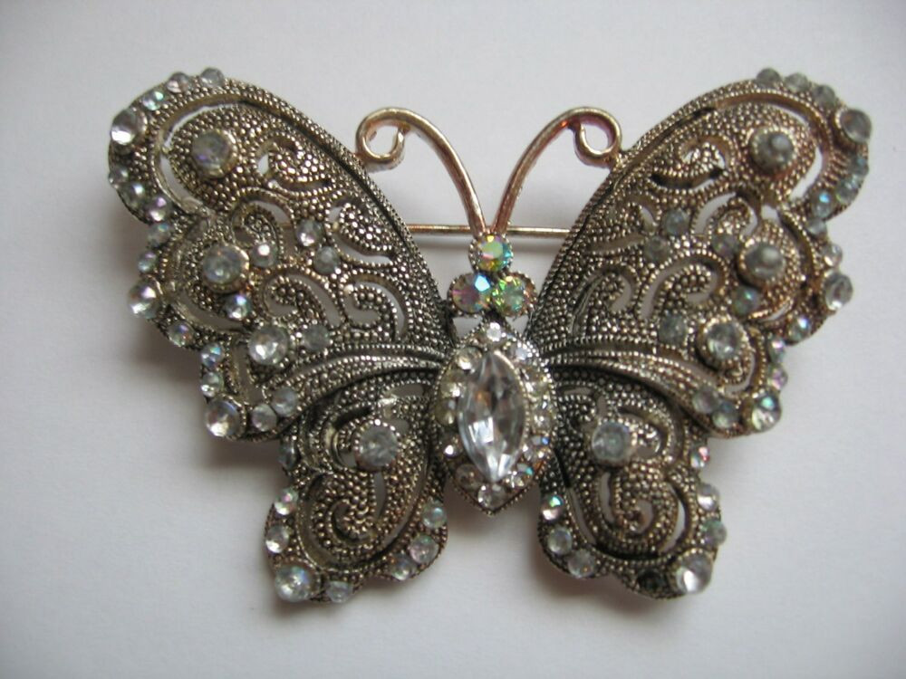Butterfly Brooches
 VINTAGE BEAUTIFUL FILIGREE AURORA BOREALIS RHINESTONES