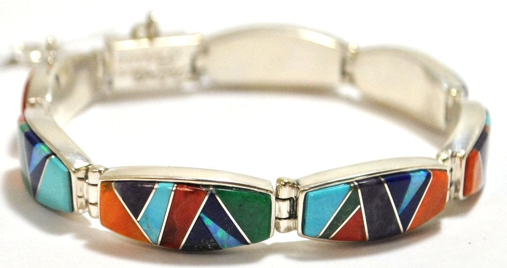 Calvin Begay Bracelets
 Navajo Multi Stone Inlay Sterling Silver Link Bracelet