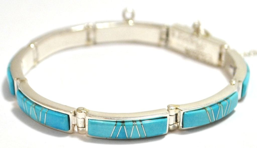 Calvin Begay Bracelets
 Navajo Turquoise Inlay Sterling Silver Link Bracelet