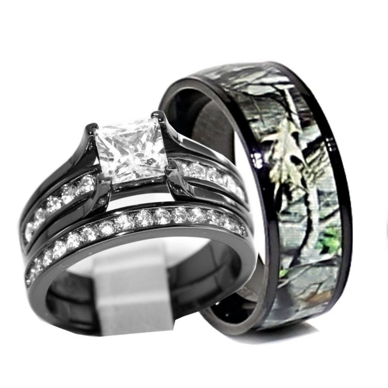Camo Wedding Band Sets
 His and Hers 925 Sterling Silver Titanium Camo Wedding