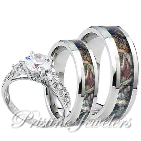 Camo Wedding Band Sets
 Womens 925 Sterling Silver Ring Mens Titanium Mossy Forest