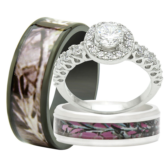 Camo Wedding Band Sets
 His and Hers 3PCS Titanium Camo 925 Sterling Silver