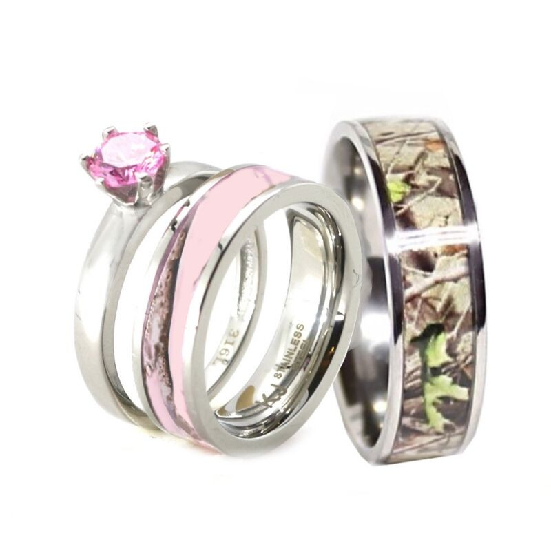 Camo Wedding Band Sets
 HIS & HER Pink Camo Band Engagement Wedding Ring Set