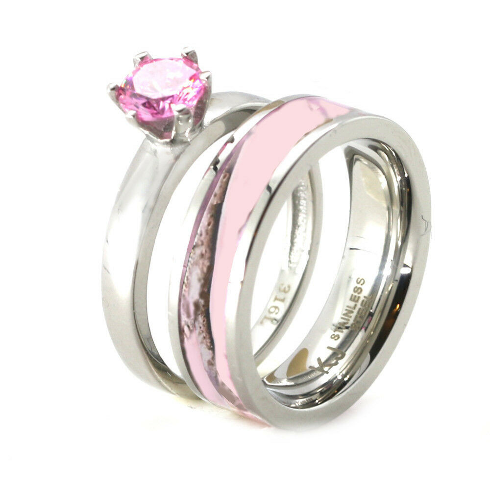 Camo Wedding Band Sets
 Womens Pink Camo Engagement Wedding Ring Set Stainless