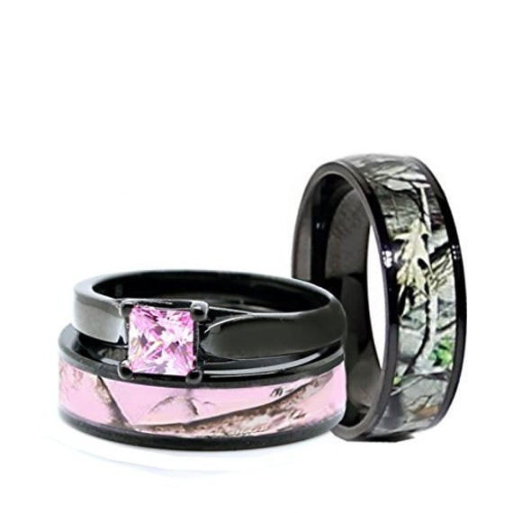 Camo Wedding Band Sets
 His and Hers Camo Wedding Rings Set Black Plated Titanium and