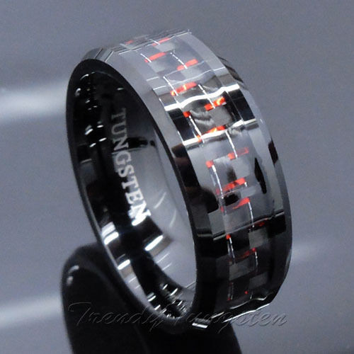 Carbon Fiber Mens Wedding Band
 Men s Tungsten Ring with Carbon Fiber 8mm Black and Red