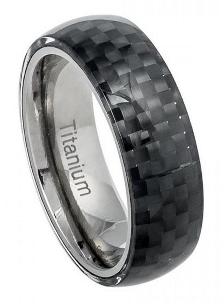 Carbon Fiber Mens Wedding Band
 8mm Titanium Ring Men Women Wedding Band Domed Black