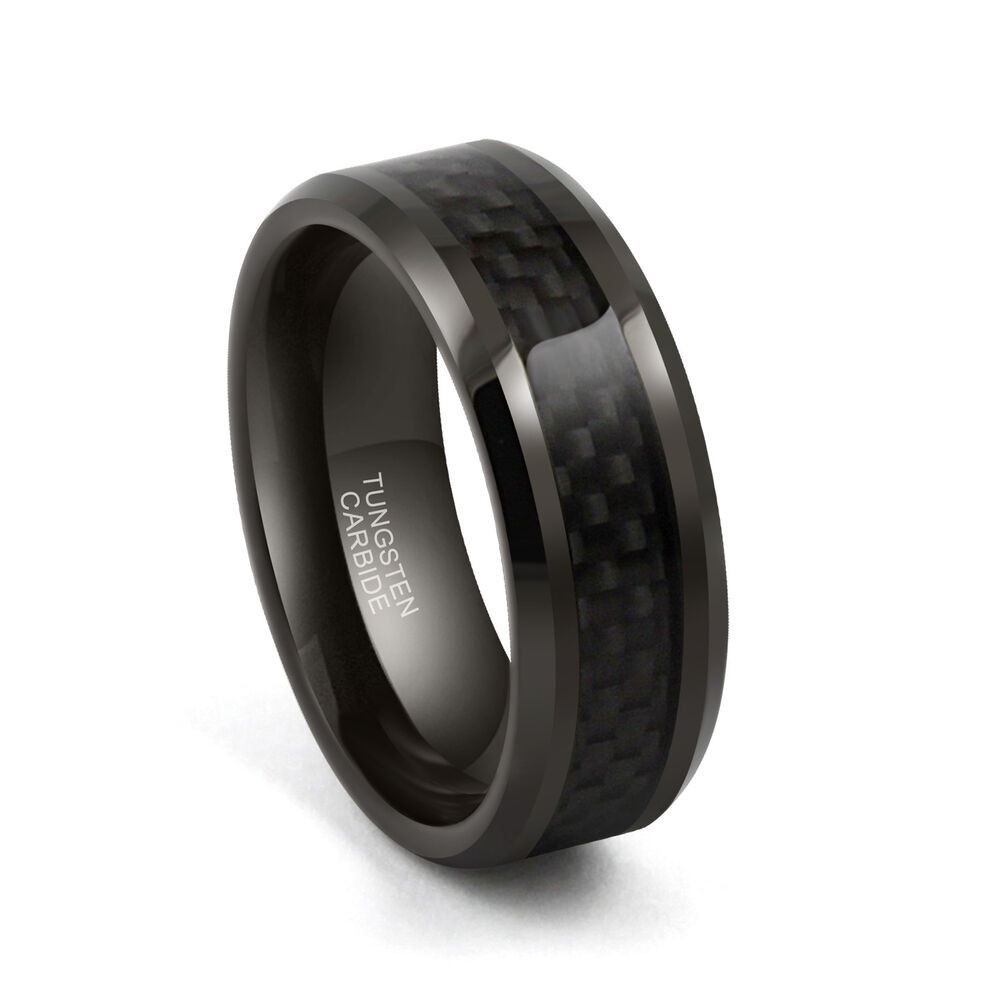 Carbon Fiber Mens Wedding Band
 8mm Tungsten Carbide Carbon Fiber Black Plated Mens