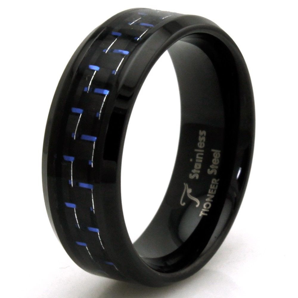 Carbon Fiber Mens Wedding Band
 Stainless Steel Blue Carbon Fiber Personalized Black Mens