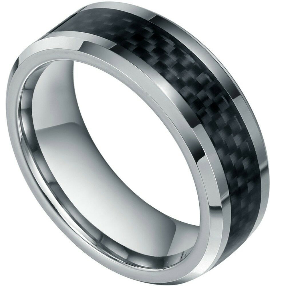 Carbon Fiber Mens Wedding Band
 8mm New Mens Black Carbon Fiber Tungsten Carbide