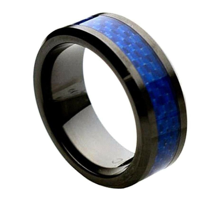 Carbon Fiber Wedding Rings
 fort Fit Blue Carbon Fiber Black Ceramic 8mm Beveled