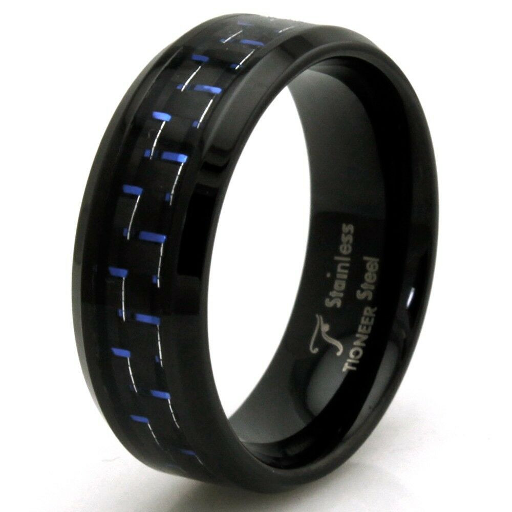 Carbon Fiber Wedding Rings
 Stainless Steel Blue Carbon Fiber Personalized Black Mens