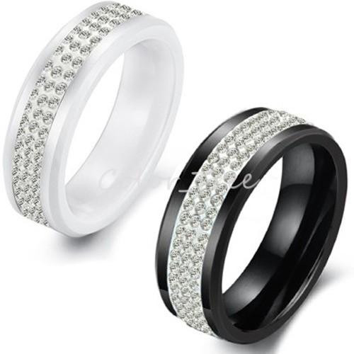 Ceramic Wedding Rings
 8mm Black White Ceramic Ring 3 Row Diamond Engagement