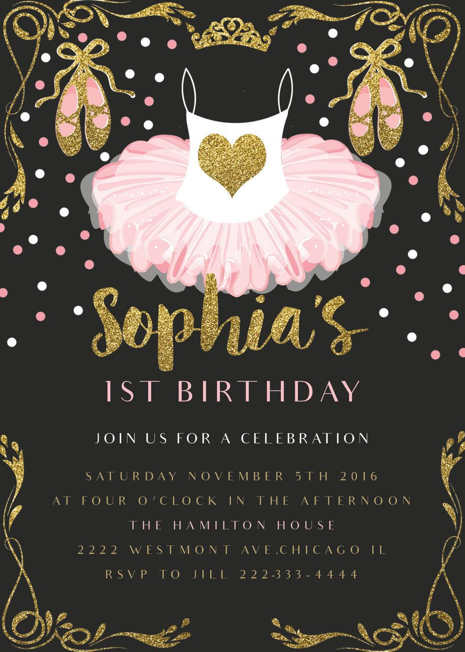 Cheap 1st Birthday Invitations
 Pink Ballerina birthday invitation glitter and gold