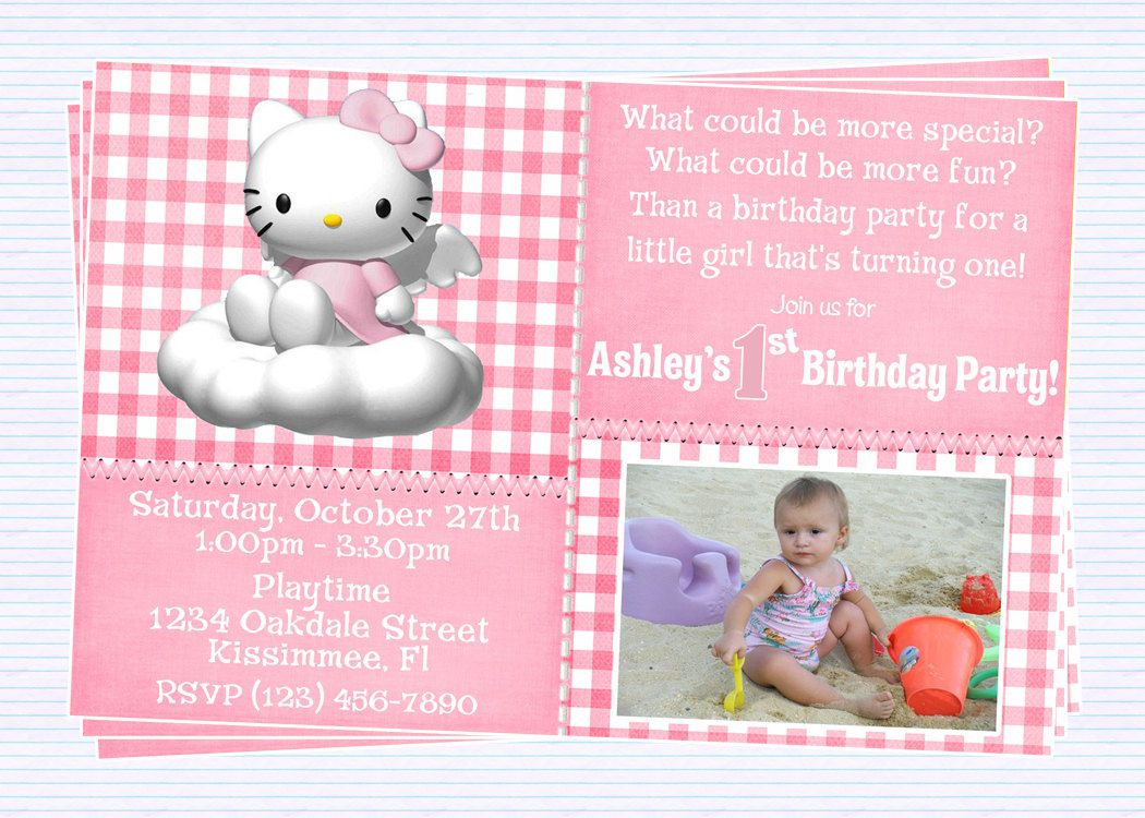 Cheap 1st Birthday Invitations
 Custom Hello Kitty Themed 1st Birthday Party Invitations