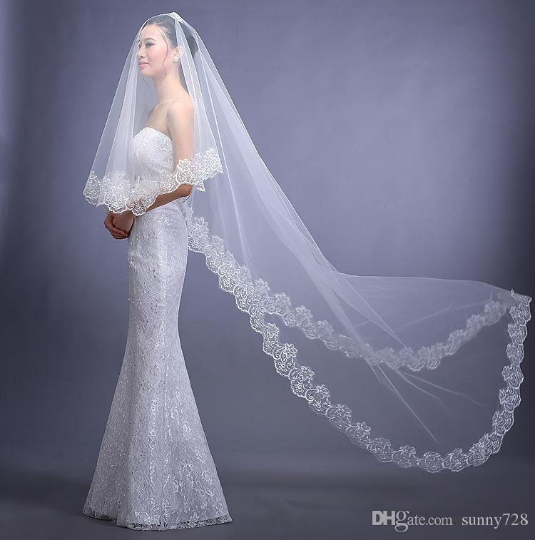 Cheap Veils For Wedding
 Cheap e Layer 3M Long Lace Applique Wedding Veils With