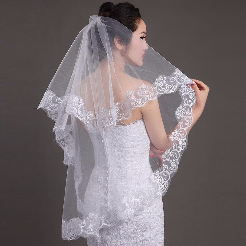 Cheap Veils For Wedding
 Voile Mariage White Lace Edge Short Wedding Veil Cheap