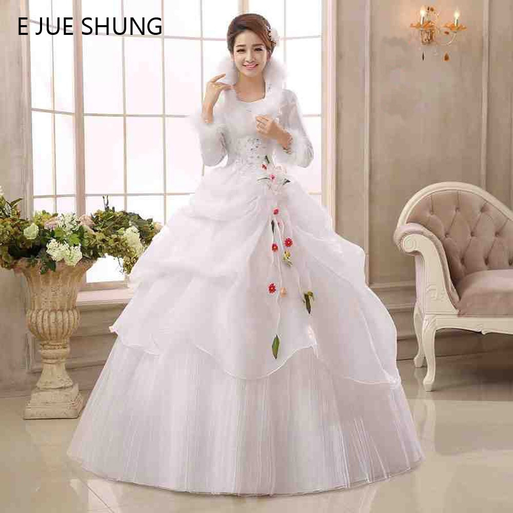 Cheap Wedding Dresses With Sleeves
 E JUE SHUNG White Organza Long Sleeves Cheap Wedding