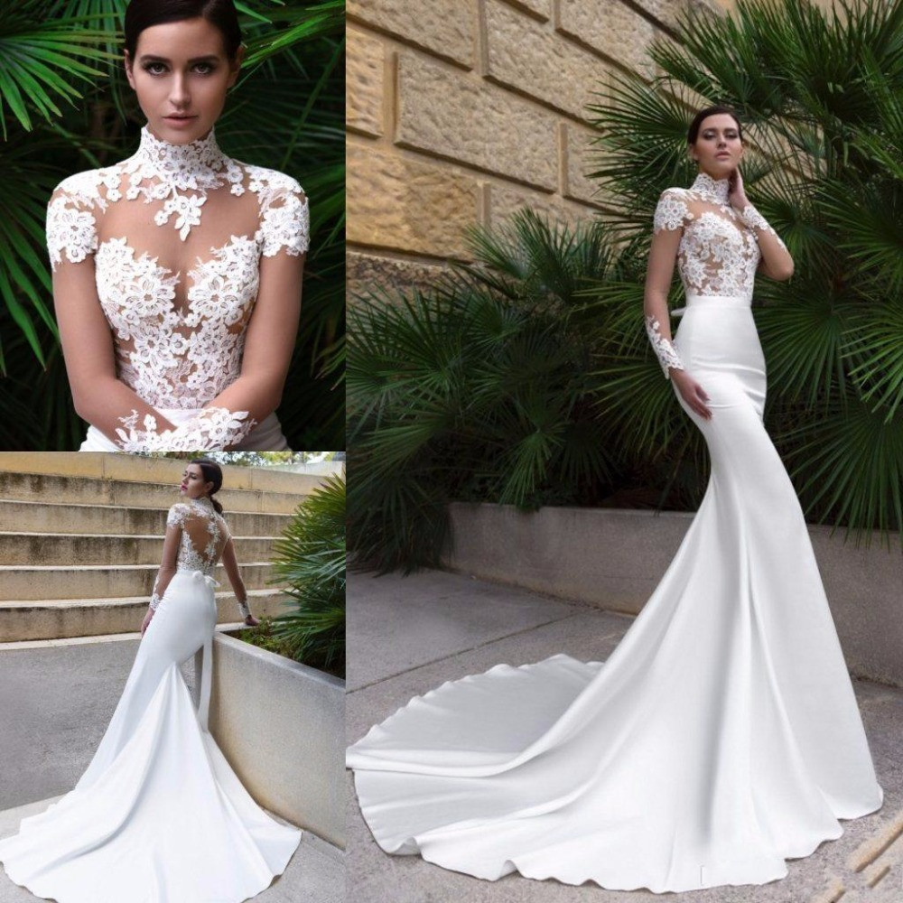 Cheap Wedding Dresses With Sleeves
 2017 New High Neck Design y Mermaid Wedding Dress Sheer