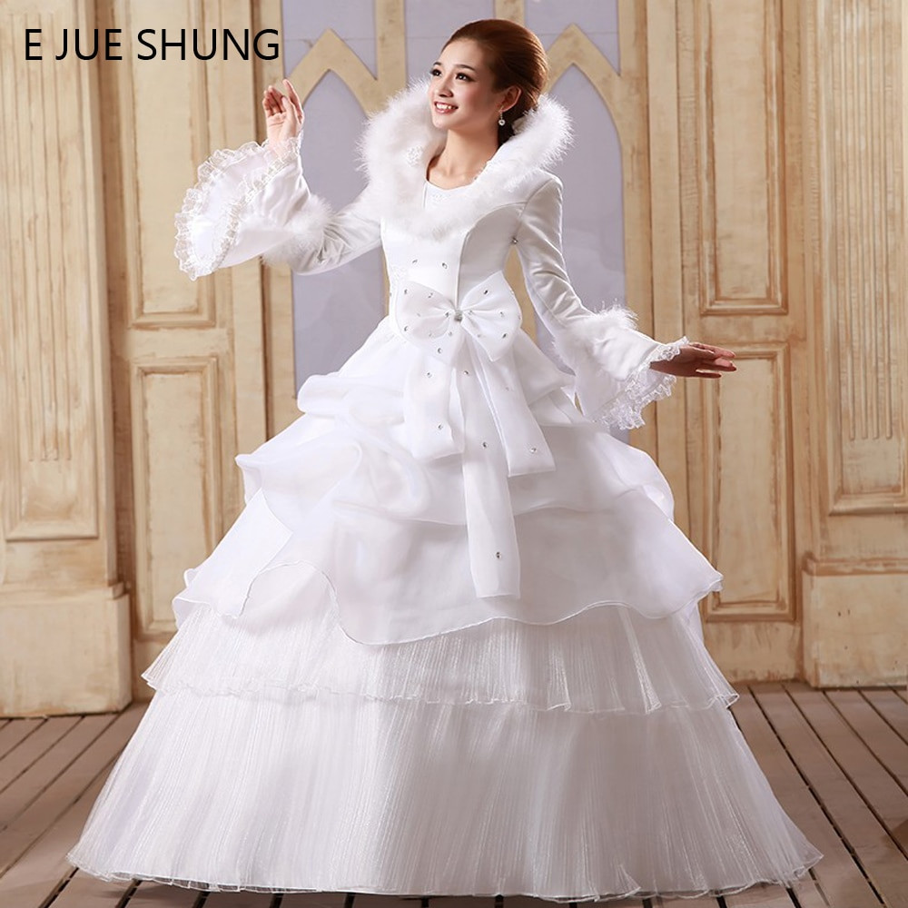Cheap Wedding Dresses With Sleeves
 E JUE SHUNG White Organza Cheap Muslim Wedding Dresses