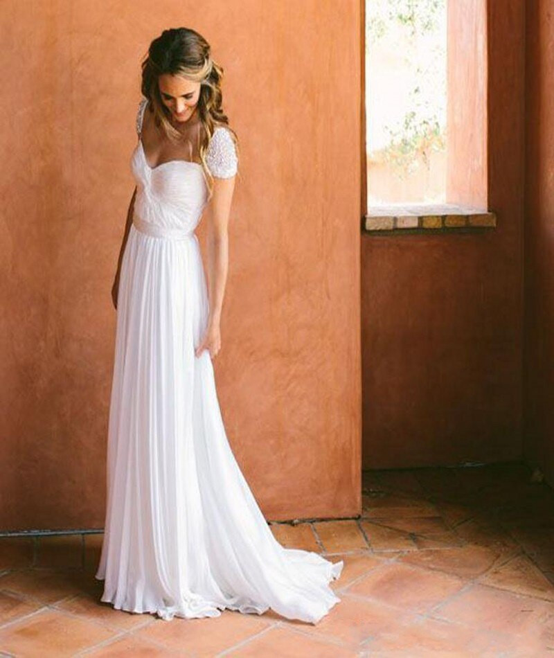 Cheap Wedding Dresses With Sleeves
 2017 White Chiffon Wedding Dress Cheap Bridal Gowns Cap