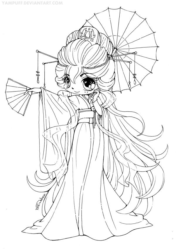 Chibi Girls Coloring Pages
 Permission to color Magnificent Kimono Chibi Lineart