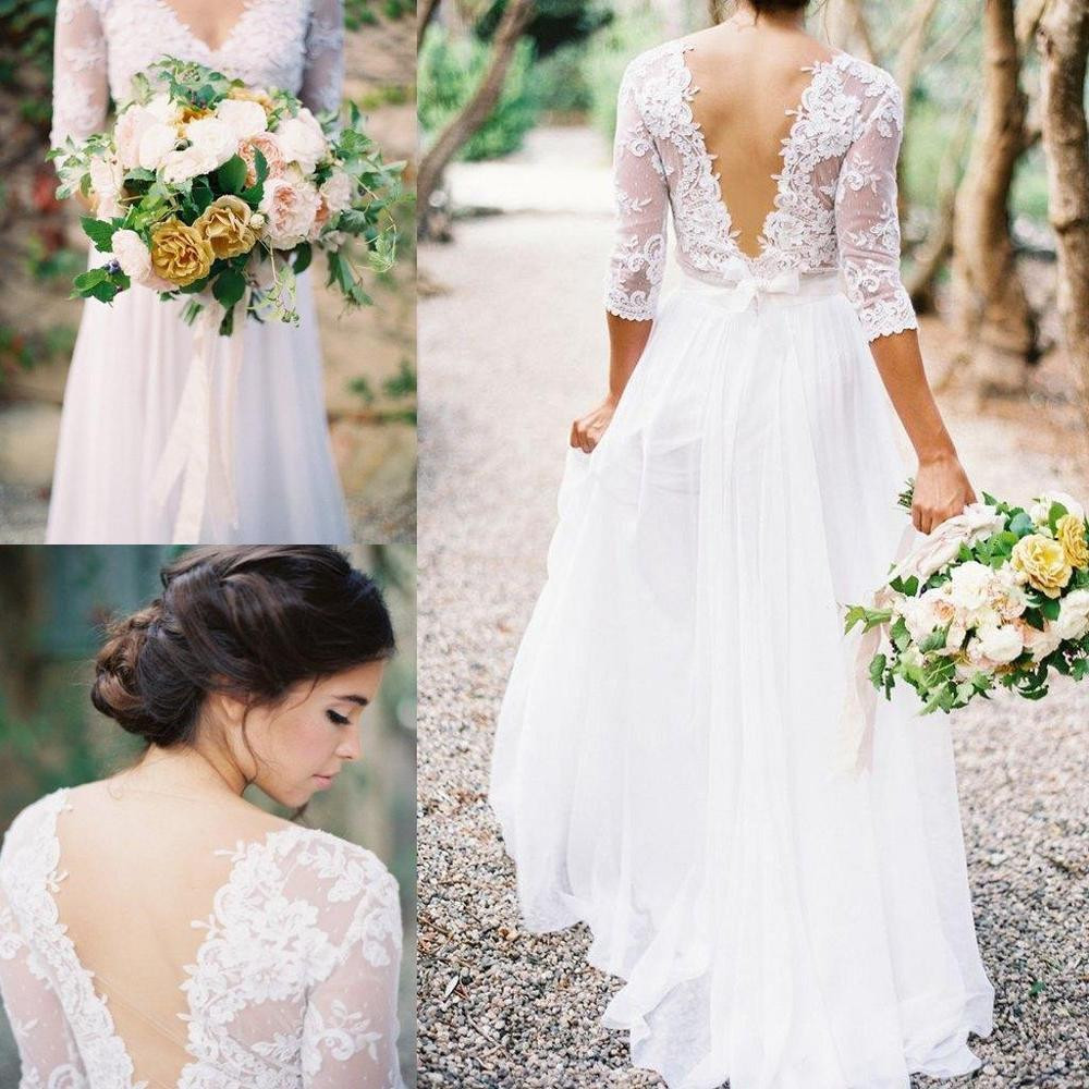 Chiffon Wedding Gown
 Bohemia Lace Chiffon Wedding Dresses V neck 3 4 Long