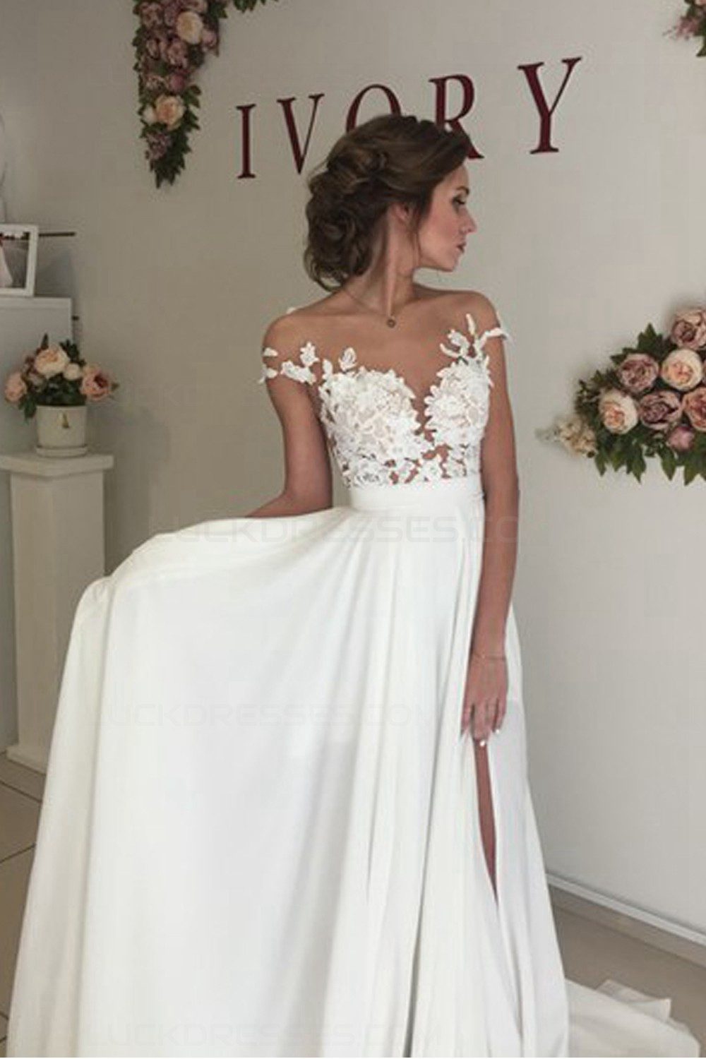 Chiffon Wedding Gown
 Elegant Illusion Bodice Lace Chiffon Wedding Dresses