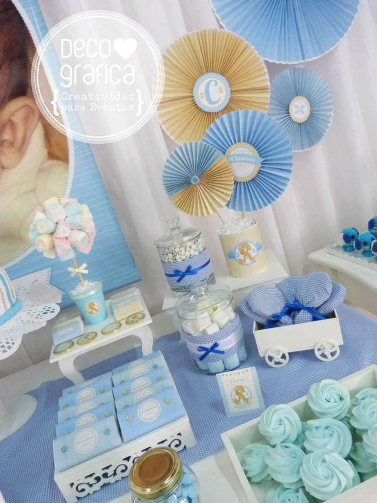 Christening Party Ideas For Baby Boy
 Cream & light blue baptism party See more party ideas at