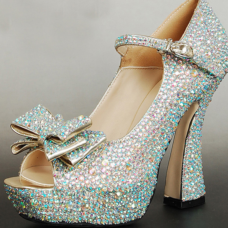 Chunky Heel Wedding Shoes
 2015 Sparkling AB Crystal Prom Party Shoes Chunky Heel