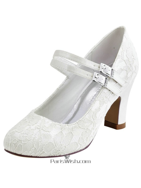 Chunky Heel Wedding Shoes
 Round Toe Ankle Strap Ivory Lace Bridal Wedding Shoes With