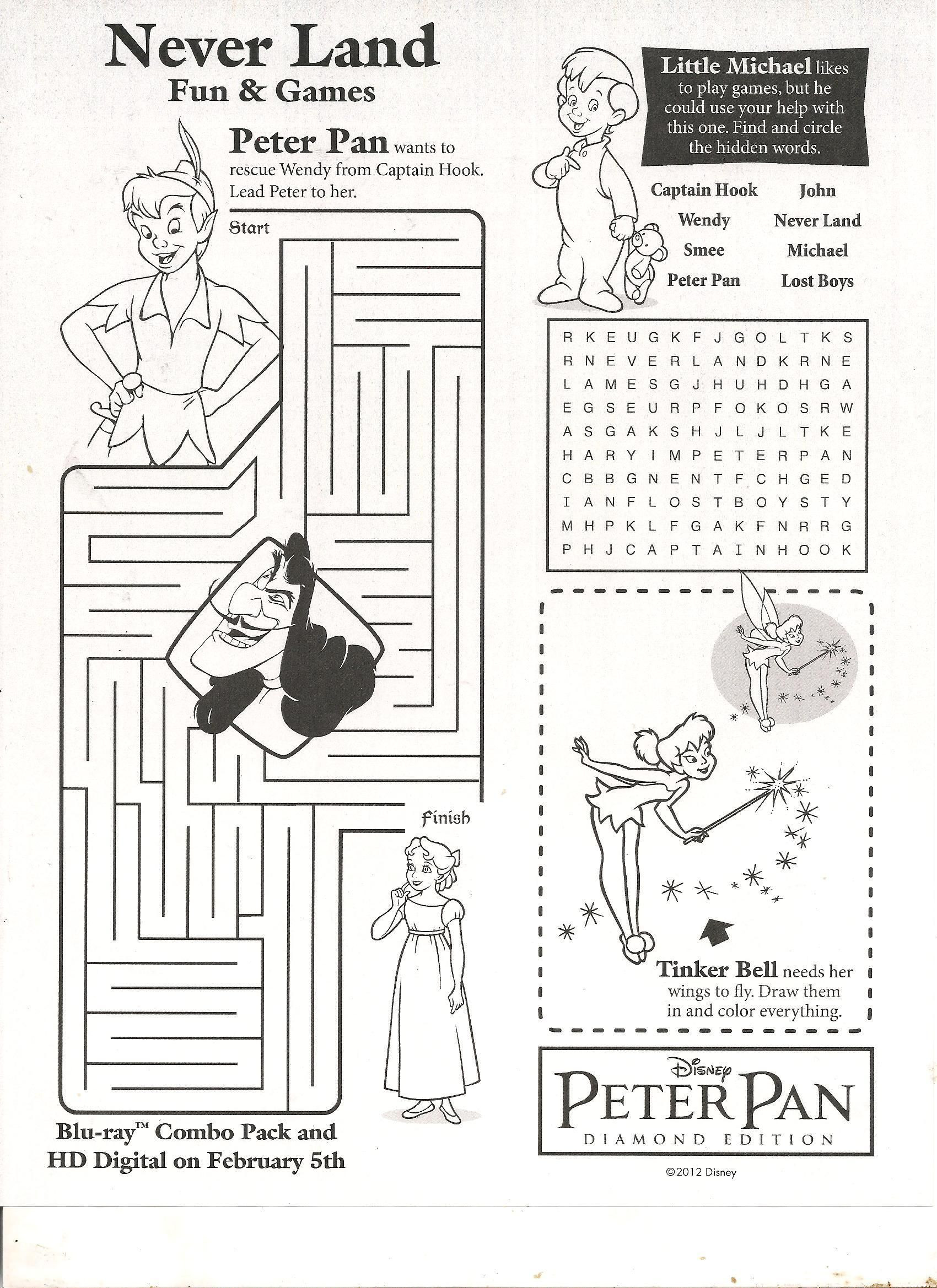 Coloring Book Games For Kids
 Peter Pan fun and games activity sheet