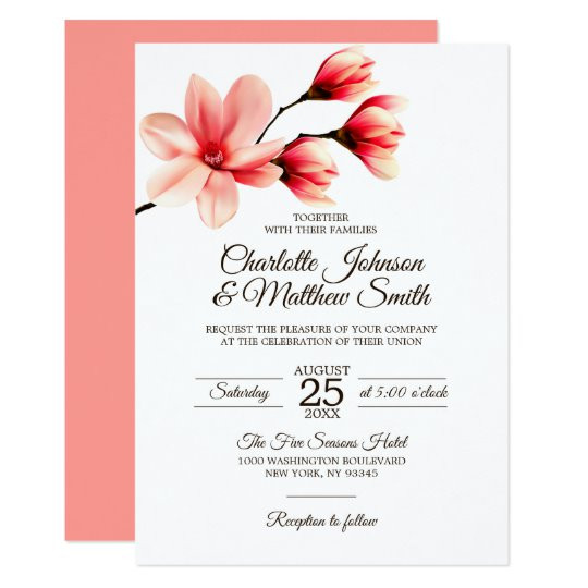 Coral Color Wedding Invitations
 Elegant Floral Magnolia Coral Pink Color Wedding