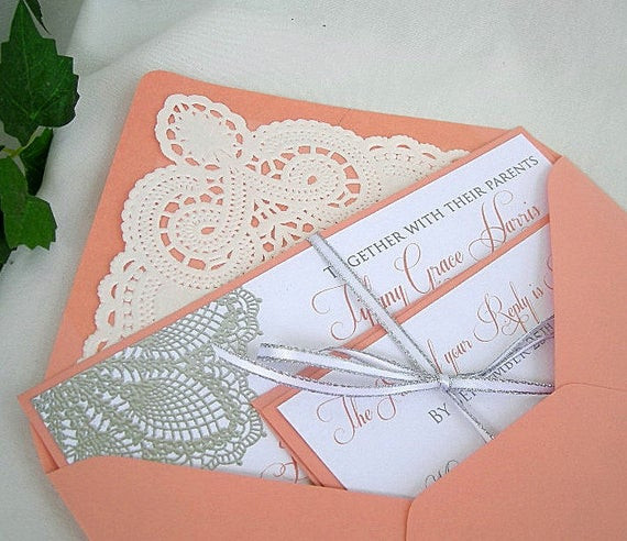 Coral Color Wedding Invitations
 Items similar to Coral n Linen Wedding Invitation w Doily