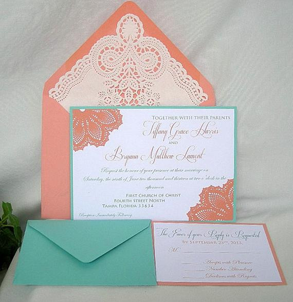 Coral Color Wedding Invitations
 Lace Wedding Invitation Coral Peach n Turquoise Blue Aqua
