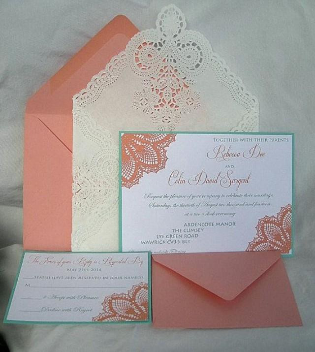 Coral Color Wedding Invitations
 Coral Peach N Turquoise Blue Aqua Teal Blue Lace Wedding