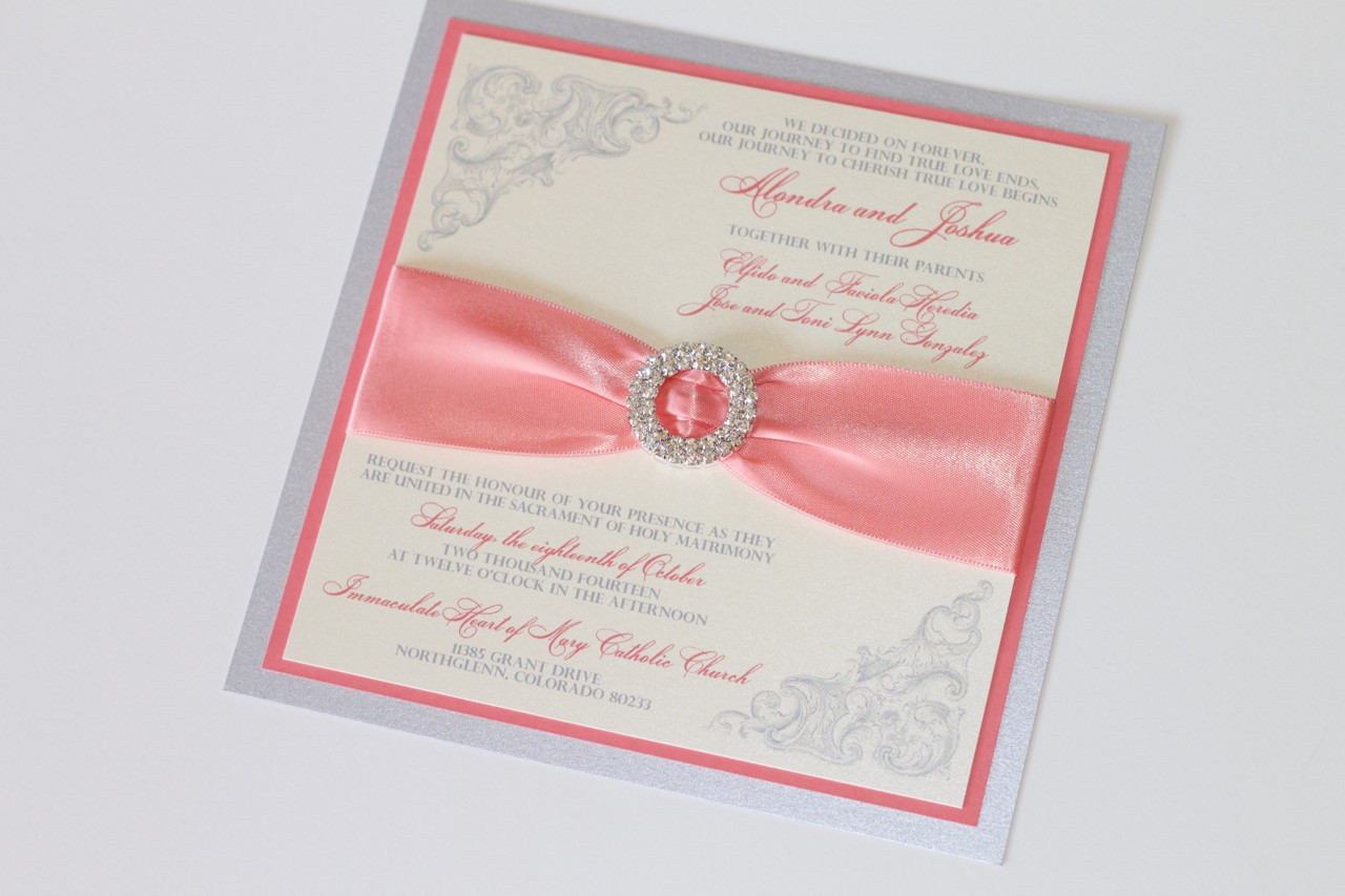 Coral Color Wedding Invitations
 Couture Wedding Invitations in Coral Ivory and Silver