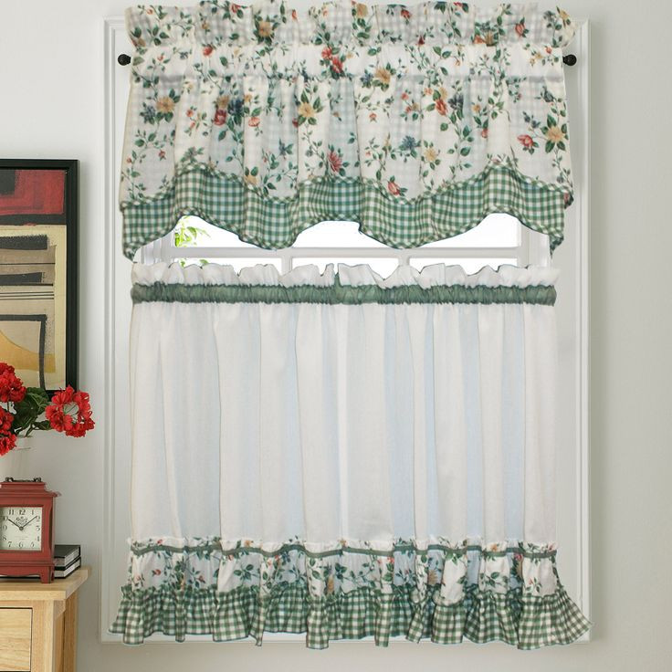 Cottage Kitchen Curtains
 Dreams Green Floral with Gingham Check Kitchen Tier